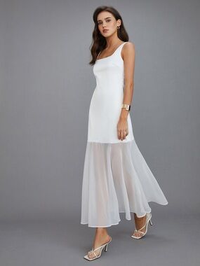 Commense White Satin & Mesh Maxi Dress Size Small